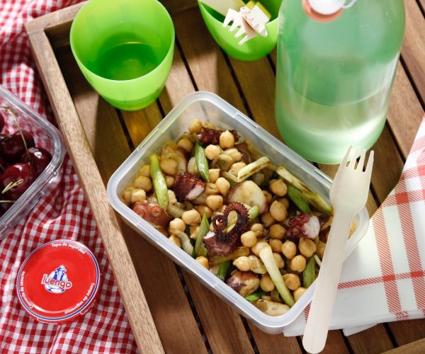 Garbanzos salteados con pulpo al curry